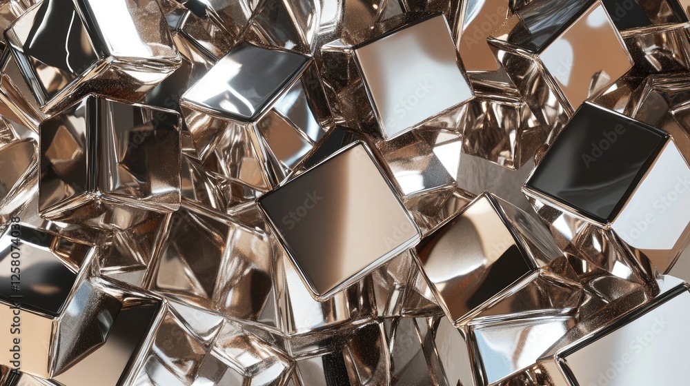 Poster a collection of shiny metallic cubes and cylinders arranged intricately, reflecting light and creati