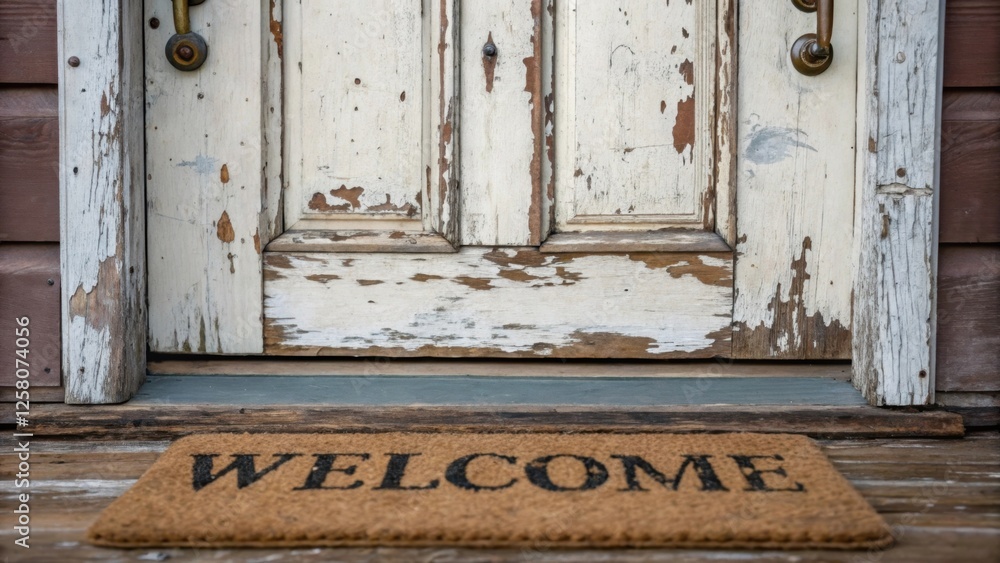 Poster A closeup of a distressed farmhouse door with peeling paint and rustic hardware expressing a charming vintage feel complemented by a weathered welcome mat beneath.