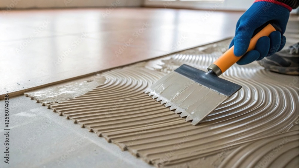 Poster A closeup of adhesive being applied with a notched trowel to the floor capturing the smoothness of the application od.