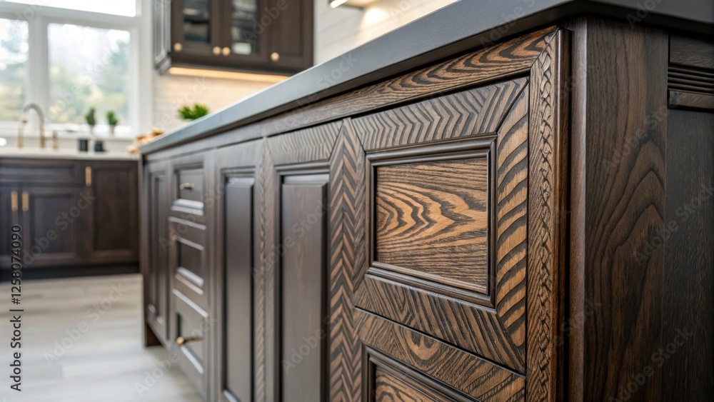Poster a closeup of a detailed wood grain pattern on a darkstained cabinet highlighting the craftsmanship a
