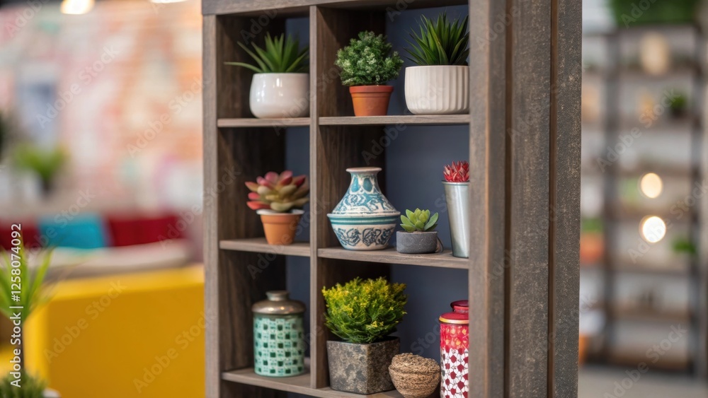 Poster a closeup of a corner shelf unit b with decorative items and small plants transforming an otherwise 