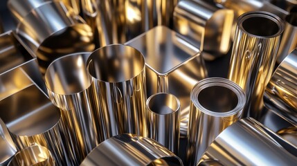 A collection of shiny metallic cubes and cylinders arranged in an interlocking pattern, showcasing their smooth surfaces, reflections, and contrasts against a dark background.