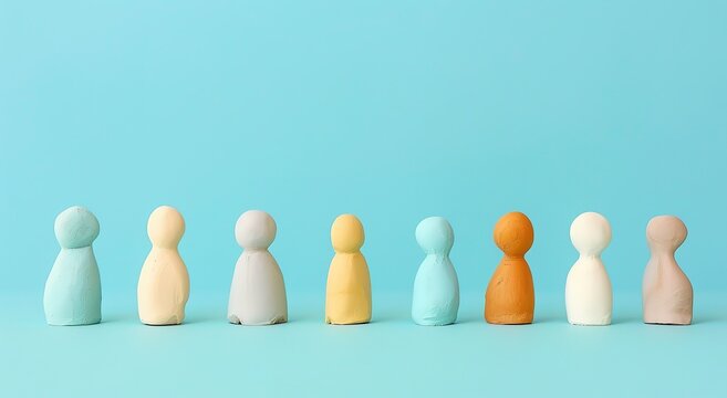 Colorful Clay figures of people standing in a row on blue background, Ai Generated