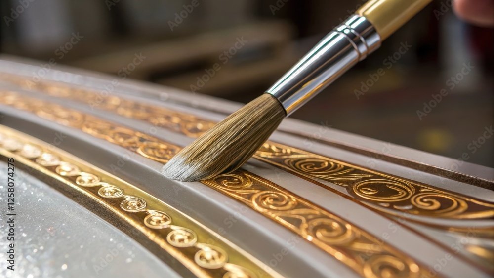 Poster a closeup of a fine brush applying metallic epoxy accents along the edges of a custom design showcas