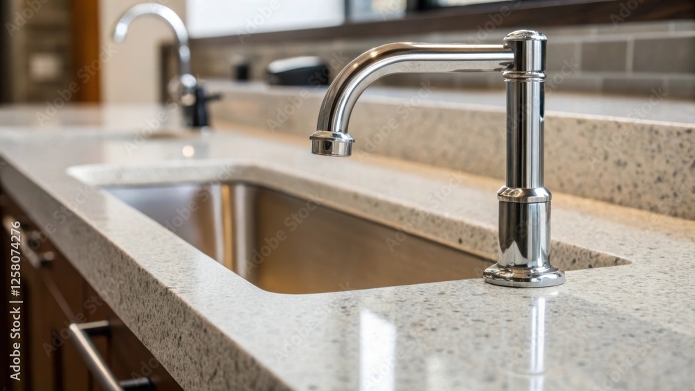 Poster A closeup of a faucet being installed into the new quartz countertop capturing the sleek integration of modern fixtures with the stone surface.