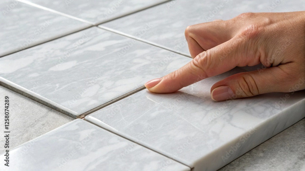 Aufkleber a closeup of a finger running over the surface of a newly installed marble tile illustrating the smo