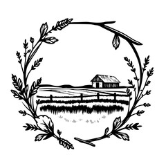 Black and White Farm Scene with a Barn encircled by a Floral Wreath.