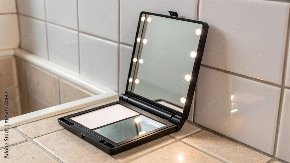 Poster A closeup of a foldable vanity mirror with builtin lighting mounted on a tiled wall demonstrating practicality and elegance in a confined area.