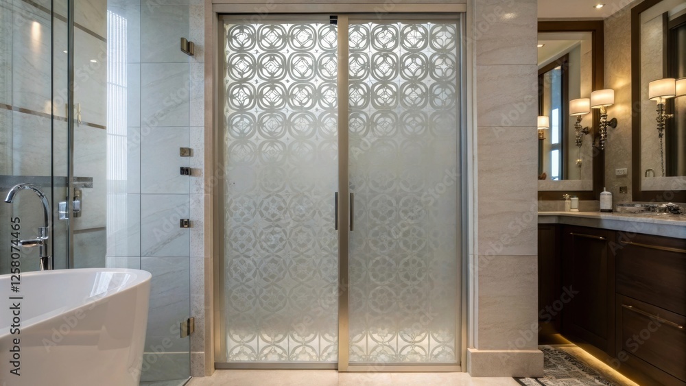 Aufkleber a closeup of a frosted glass shower door installed in a sleek modern bathroom with soft light castin