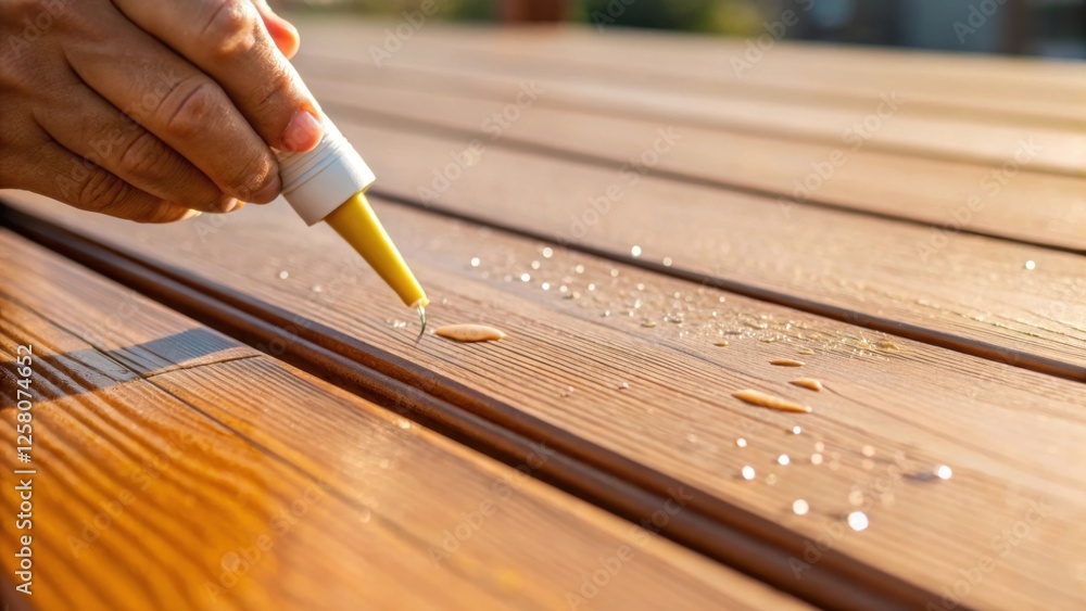 Poster a closeup of a hand applying sealant to the edge of a newly installed decking plank with droplets of