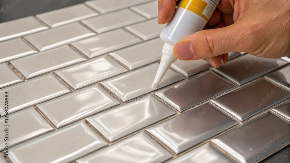 Fototapete a closeup of a hand applying adhesive to the back of a glossy mirror tile showcasing the strategic p