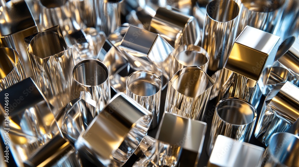 Poster a collection of shiny metallic cubes and cylinders arranged intricately, reflecting light and creati