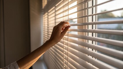 A closeup of a hand gently pulling down the automated blind capturing the smooth whisperquiet movement and the dynamic interplay of light and shadow on the walls.