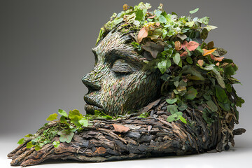 A vibrant living sculpture made of plants and found materials, showcasing sustainability with intricate details and a harmonious atmosphere.