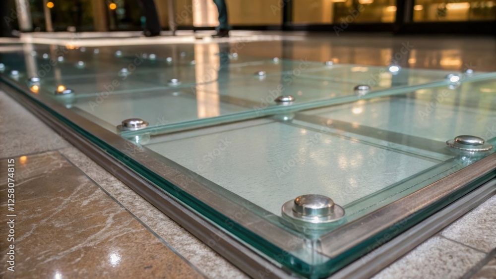 Poster a closeup of a glass floor panel being lifted by suction cups highlighting the glint of the glass ag