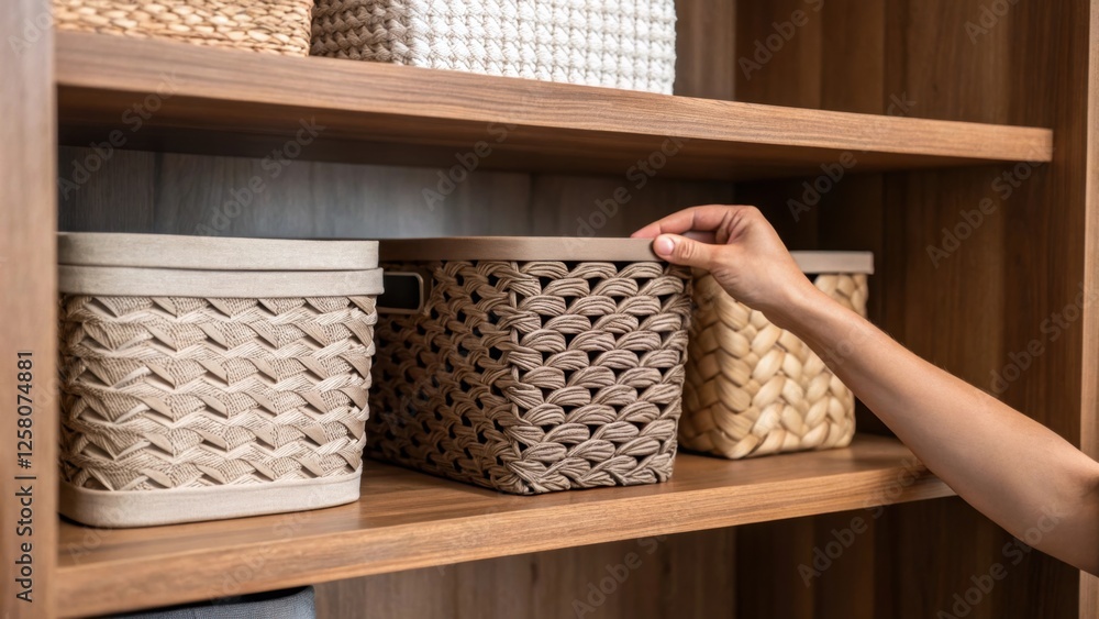 Fototapete a closeup of a hand placing decorative baskets on a wooden shelf inside a walkin closet showcasing t