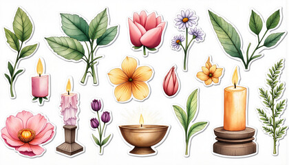 The Wheel of the Year. Enchanting Ostara altar stickers with candles and herbs, spring ritual