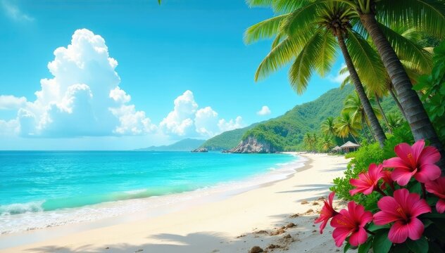 Un paisaje de playa con hamacas, palmeras y flores, tropical, outdoorsy