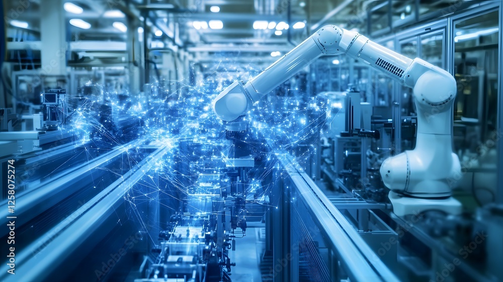 Poster a robot is shown in a factory with a blue background. the robot is surrounded by a blue light that l