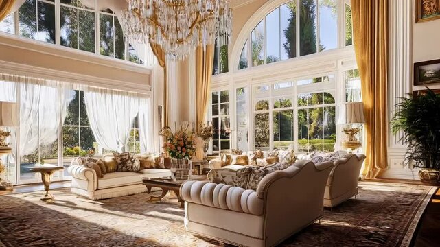 Luxurious living room bathed in warm sunlight, showcasing expansive windows, high ceilings, and sophisticated architectural details embodying refined residential elegance