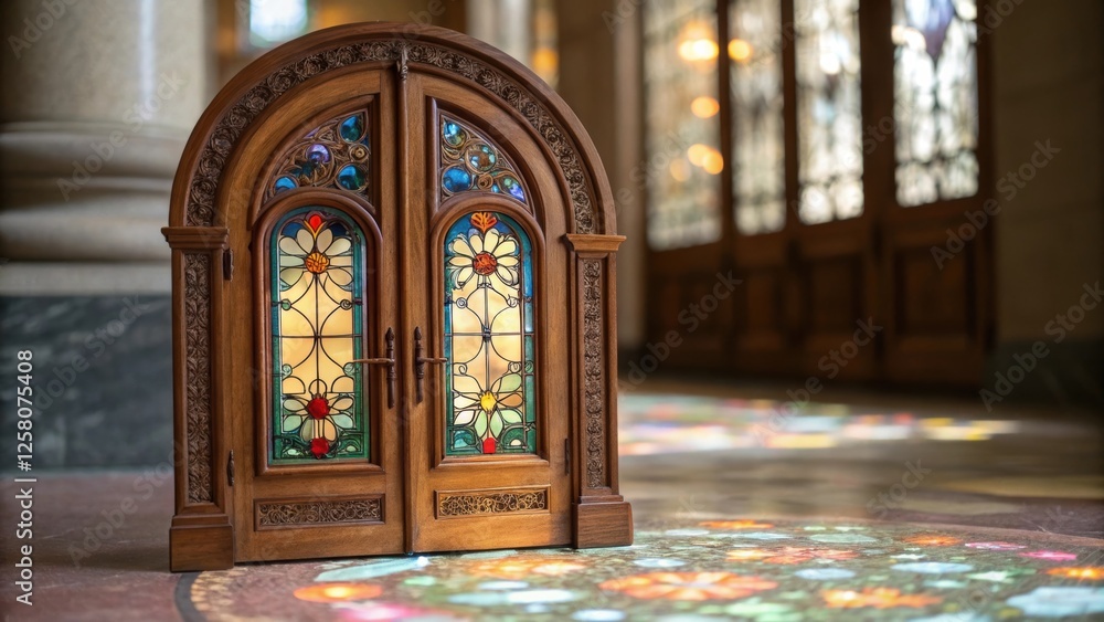 Poster a closeup of an elegant arched door featuring stained glass casting colorful light patterns onto the