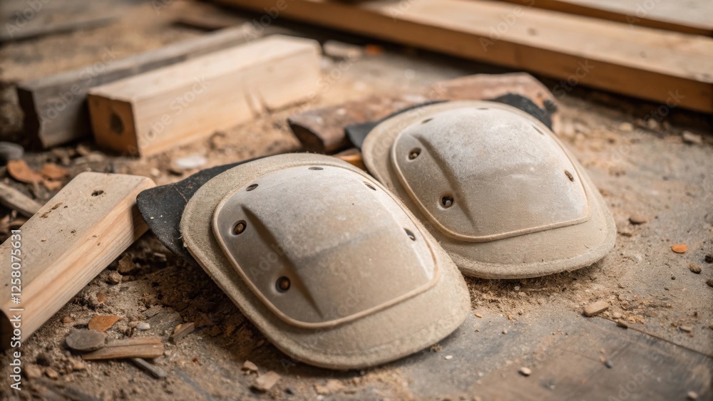 Poster a closeup of an installers knee pads resting on the ground with tered wood scraps and a dustcovered 