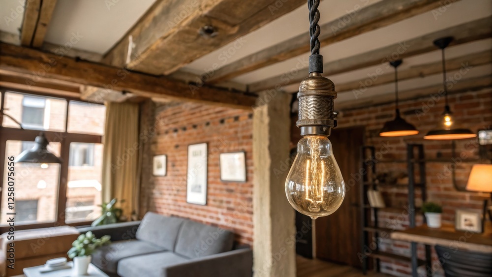 Poster a closeup of an industrialstyle living room featuring an exposed bulb hanging from a raw metal fixtu
