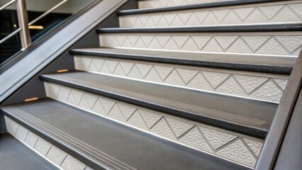 Fototapeta premium A closeup of a newly installed modern stair tread edging focusing on the clean lines and sharp angles that enhance the overall design.