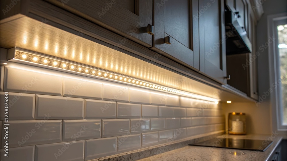 Poster a closeup of an led strip light being affixed under a cabinet illuminating kitchen surfaces beneath 