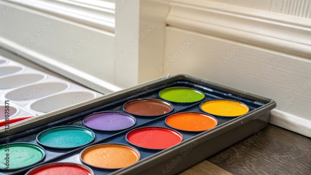 Poster a closeup of a paint tray filled with vibrant paint with a freshly painted baseboard in the backgrou