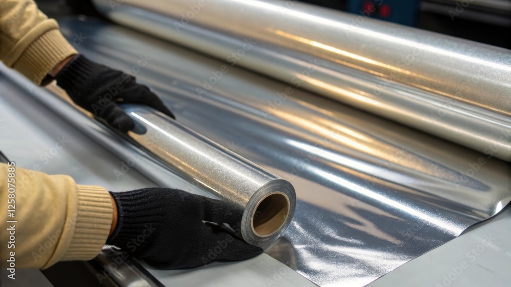 Poster a closeup of a pair of gloves handling a roll of reflective radiant barrier showcasing the shiny sur