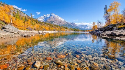 Autumn lake, mountain reflection, clear water, fall foliage