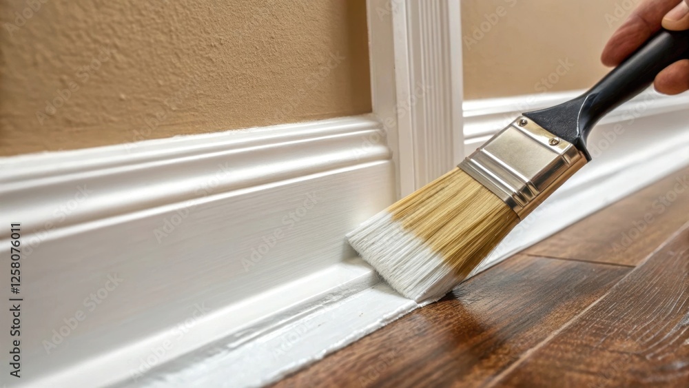 Poster a closeup of a painters brush touching up paint on the edge of a newly installed baseboard reflectin