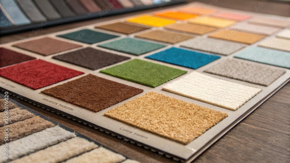 Poster A closeup of a palette of carpet samples spread out on a table featuring a variety of textures and colors showcasing the selection process before the final choice is made.