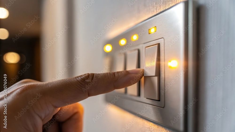 Poster a closeup of a persons finger adjusting a dimmer switch that controls the recessed lighting with the