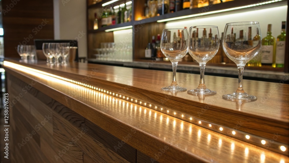 Poster A closeup of a polished wooden bar countertop with a set of modern tail glasses artfully arranged on a brightened shelf above casting soft reflections from the LED strip below.
