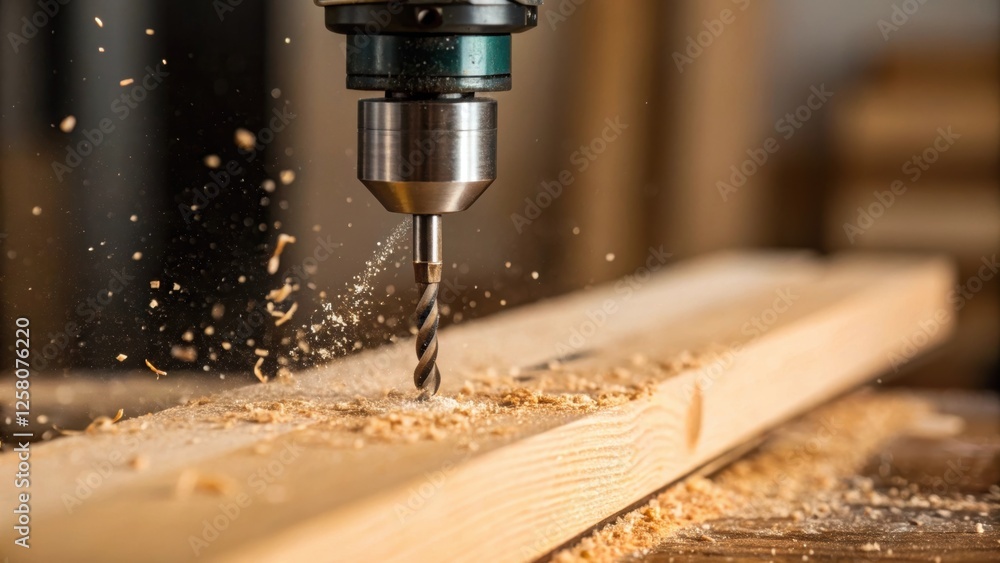 Poster a closeup of a power drill in action with wood shavings flying off as it creates a hole in a plank h