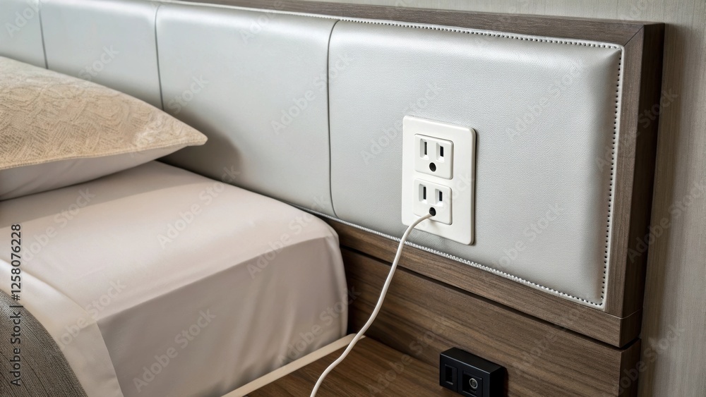 Poster A closeup of a power outlet being discreetly installed behind the headboard emphasizing the clean look of the overall setup.
