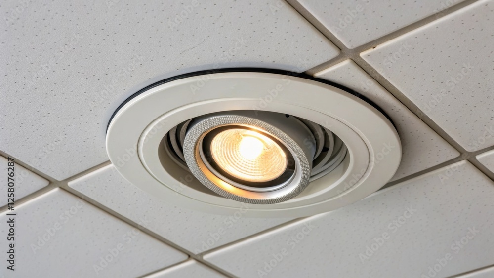 Poster A closeup of a recessed light fixture showcasing its circular trim and glowing LED bulb set against the backdrop of smooth white drop ceiling tiles.