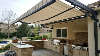 Obraz premium A closeup of a retractable awning over the outdoor kitchen area demonstrating a practical solution for shade and protection from the elements.