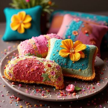 Almohadillas de paramo decoradas con flores artificiales, dise?o, texturas