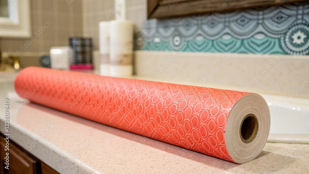 Poster A closeup of a roll of unused wallpaper resting on a countertop highlighting its vibrant color and resilient texture against the backdrop of bathroom decor.