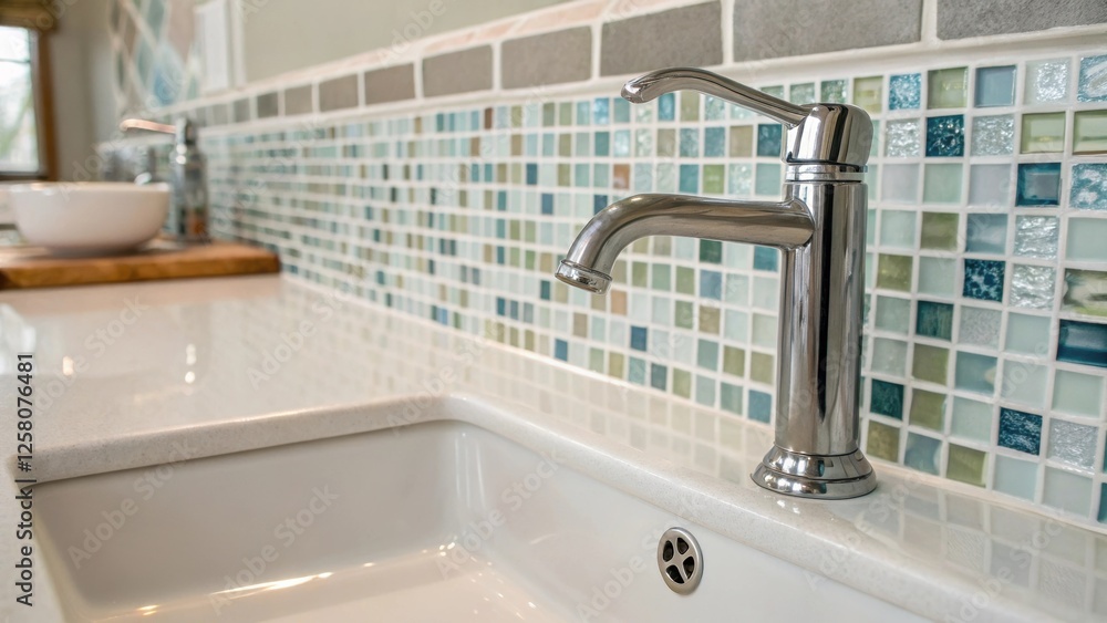 Aufkleber A closeup of a sink area with a stylish faucet and a backsplash made of recycled glass tiles emphasizing the combination of beauty and functionality.