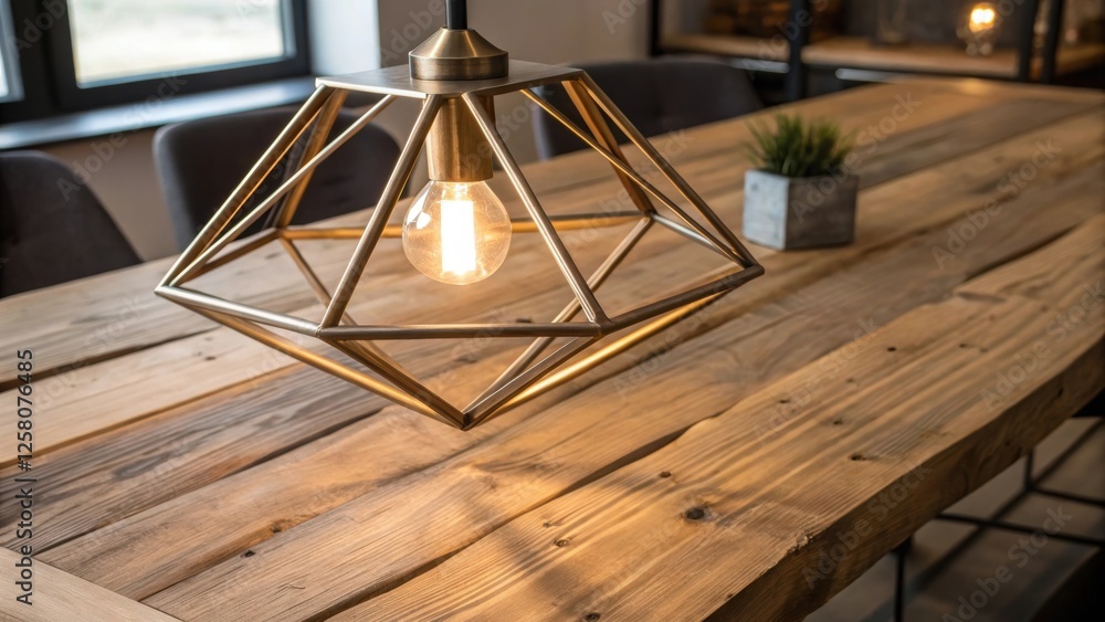 Leinwandbilder a closeup of a rustic wooden dining table adorned with a modern geometric pendant light highlighting