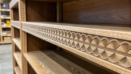 A closeup of a shelf with a unique design detail such as grooves or patterns illustrating the artistry involved in custom shelving.
