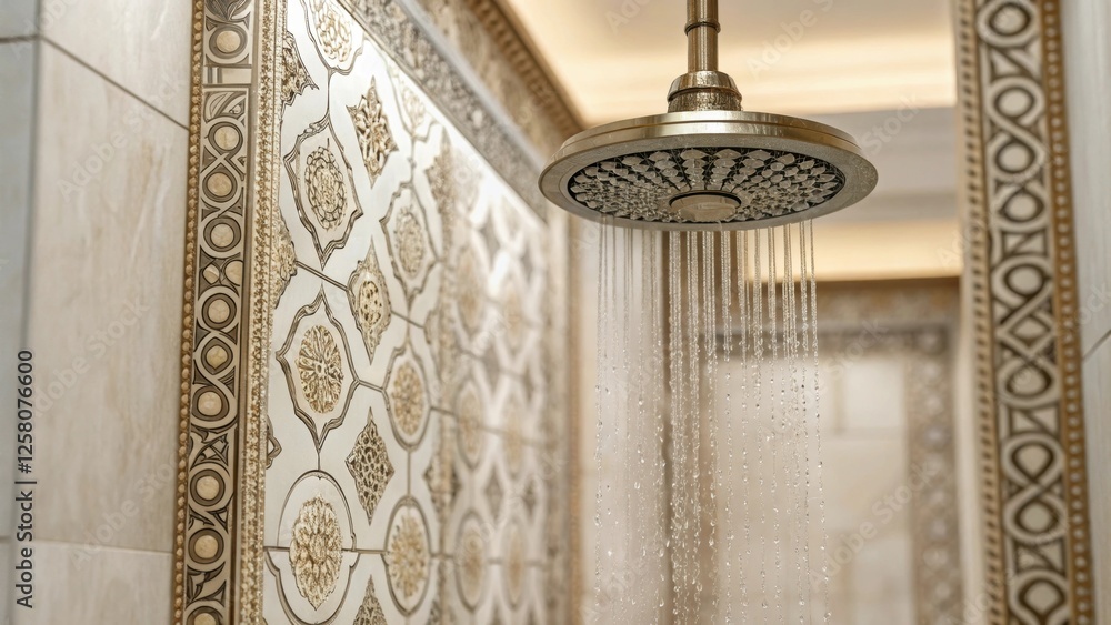 Poster A closeup of a shower wall with intricate tile patterns framing a rainfall showerhead that promises a luxurious experience emphasizing aesthetic and function.