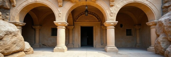 Ancient stone carving in mountain church wall, chapel, ancient
