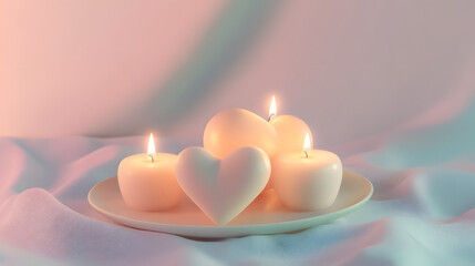 Romantic still life of heart-shaped candles serene setting photo intimate atmosphere soft lighting...