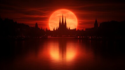 Fototapeta premium Eerie Cityscape Silhouette Beneath a Crimson Sun Over Water Dark Urban Fantasy Ambiance