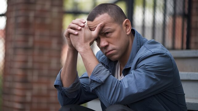 Sad Man Sitting Outdoors Pensive Thoughtful Depressed Worried Anxious Troubled Lonely Man Contemplative Serious Face Expression Adult Male Person Outdoors Urban Setting Daytime Natural Light mood blue